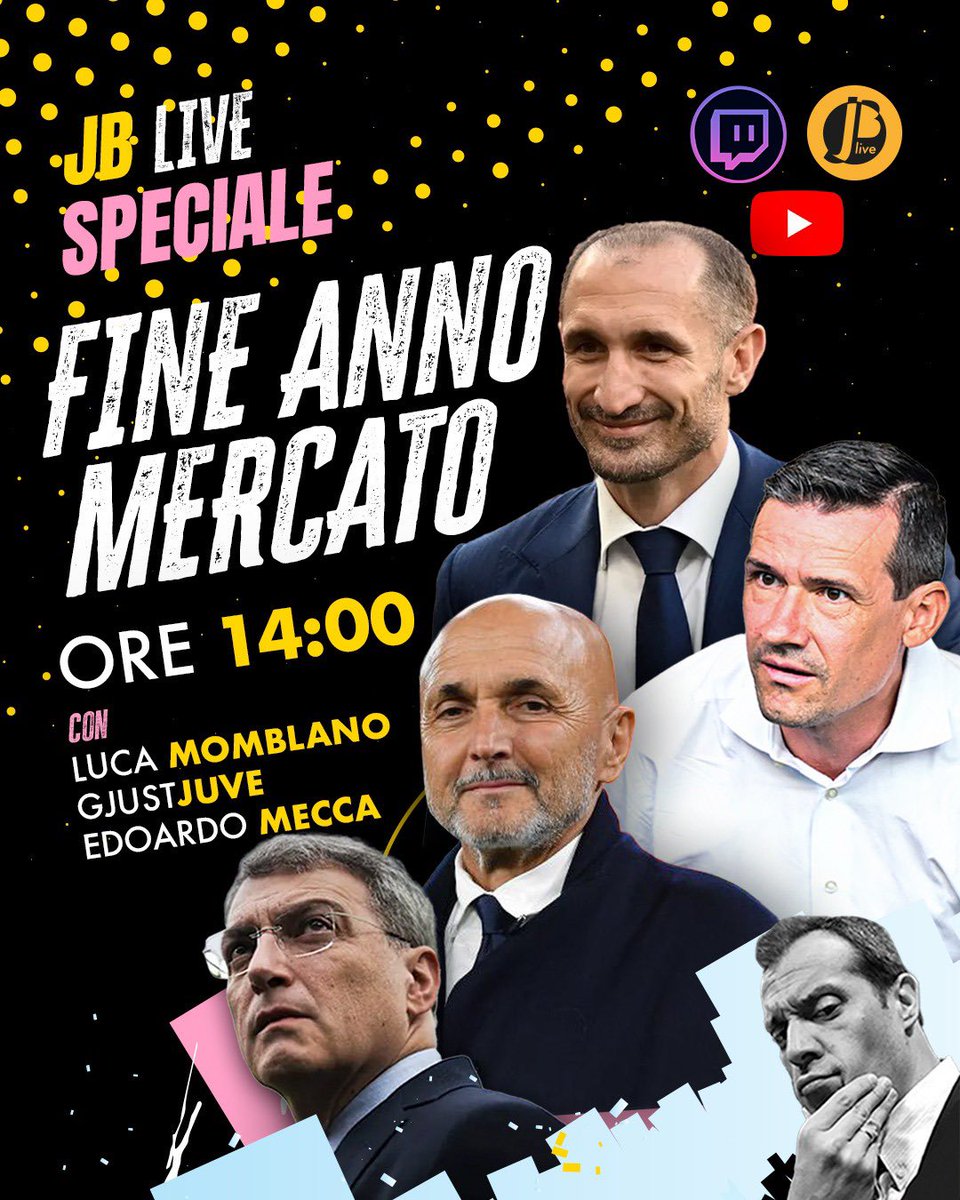juventibus's tweet photo. #JBLIVE SPECIALE 🥳 DIRETTA ORE 14

FINE ANNO #MERCATO TOTALE LA #JUVE 2025 SU 2026 con @MomblanOfficial @GJustjuve @EdoardoMecca1 🟠⚫️

SU TWITCH 👉 https://t.co/IMEB3qFru4 e YOUTUBE 👉 https://t.co/4PV9zEUGFb https://t.co/ljiExYz8GM