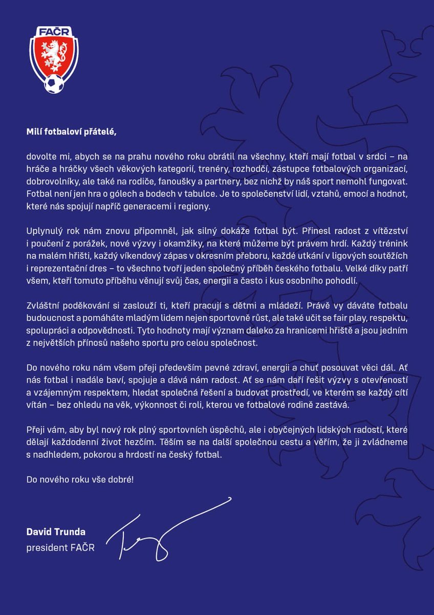 Novoroční přání předsedy FAČR Davida Trundy.
