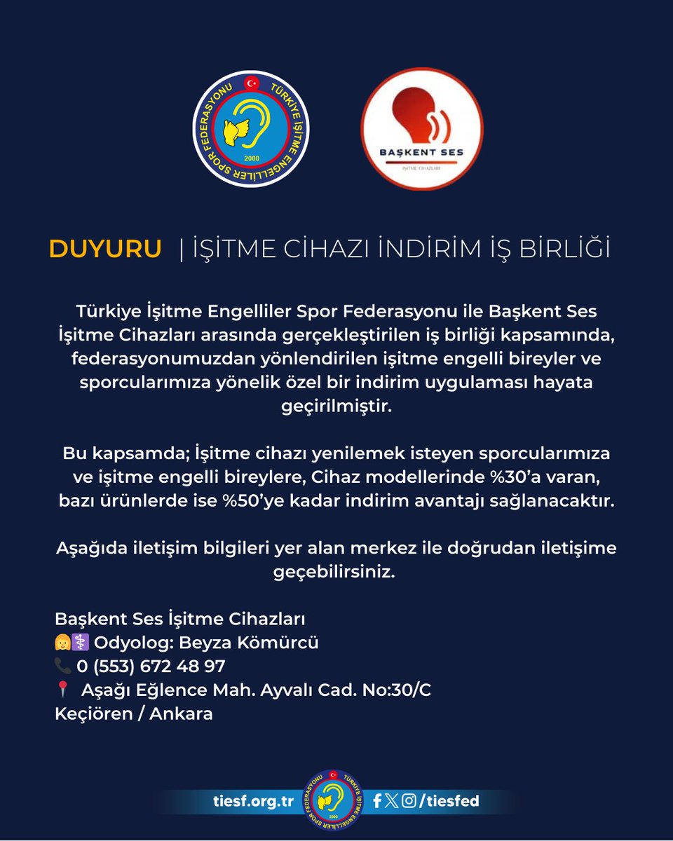 DUYURU | İŞİTME CİHAZI İNDİRİM İŞ BİRLİĞİ

Aşağıda iletişim bilgileri yer alan merkez ile doğrudan iletişime geçebilirsiniz. 

Başkent Ses İşitme Cihazları
👩‍⚕️ Odyolog: Beyza Kömürcü
📞 0 (553) 672 48 97
📍 Aşağı Eğlence Mah. Ayvalı Cad. No:30/C
Keçiören / Ankara