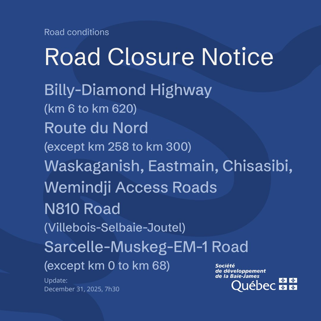 🚨 Road closures – Extreme weather
Strong winds, blowing snow and zero visibility.
BDH km 6-620, community roads, RDN km 0-407 and Sarcelle–Muskeg–EM-1 km 0-84 closed (limited worker exceptions).
🚫 Cancel all travel.