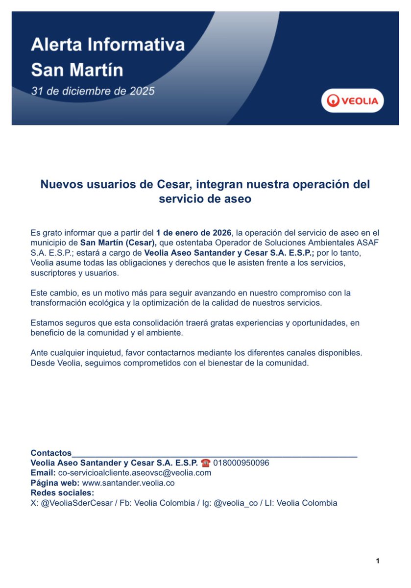 VeoliaSderCesar's tweet image. 🚨¡ALERTA INFORMATIVA!🚨

A la comunidad de San Martín, en #Cesar, damos a conocer la siguiente información respecto a la prestación del servicio de aseo en el municipio. 

Los detalles aquí👇🏼: