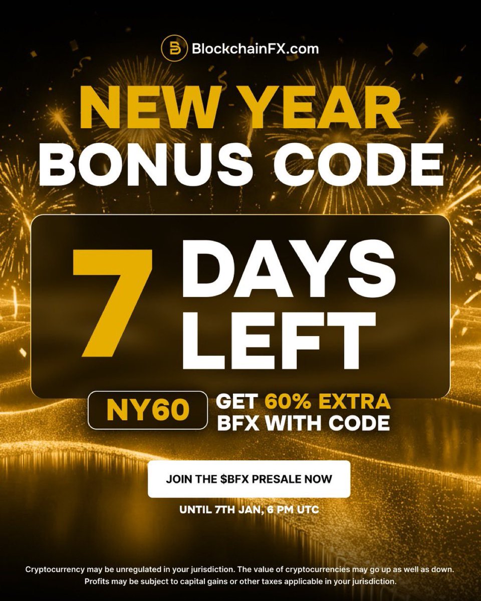 BlockchainFXTM's tweet image. ⏳ Only 7 Days Left! ⏳

Use NY60 to get 60% extra BFX tokens!

Make your New Year start with bigger rewards.

Hurry, the offer ends on January 7th at 6 PM UTC.

Secure your rewards now 

#Web3 #Crypto #BFX #BlockchainFX #Presale #CryptoCurrency #NewYear #Promo