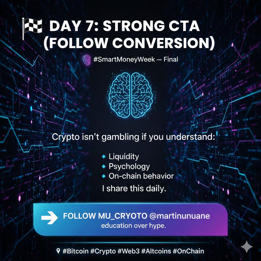 martinunuane's tweet photo. ๐ DAY 7: STRONG CTA (FOLLOW CONVERSION)
๐ง #SmartMoneyWeek โ Final
Crypto isnโt gambling if you understand:
โข Liquidity
โข Psychology
โข On-chain behavior
I share this daily.
Follow MU_CRYOTO @martinunuane education over hype.
๐
#Bitcoin
#Crypto
#Web3
#Altcoins
#OnChain https://t.co/R1szunRRAj