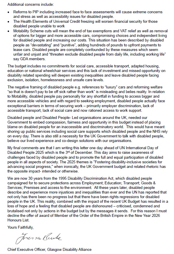 I_amMukhtar's tweet photo. "Despite being grateful that the life-changing work of my organisation, Glasgow Disability Alliance, has been acknowledged, I feel that I cannot accept a personal honour because disabled people are being so dishonoured at this time."

Tressa Burke is a woman of principle. https://t.co/BgaMAcFI1x