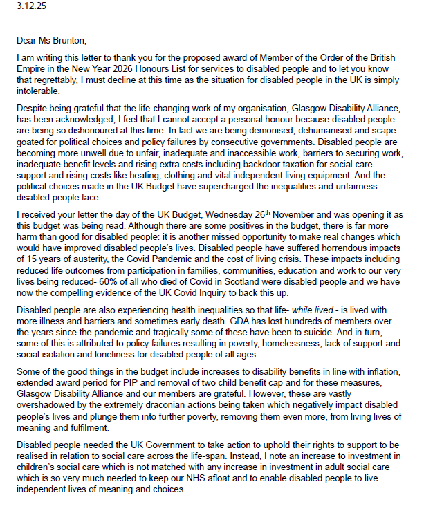 I_amMukhtar's tweet photo. "Despite being grateful that the life-changing work of my organisation, Glasgow Disability Alliance, has been acknowledged, I feel that I cannot accept a personal honour because disabled people are being so dishonoured at this time."

Tressa Burke is a woman of principle. https://t.co/BgaMAcFI1x
