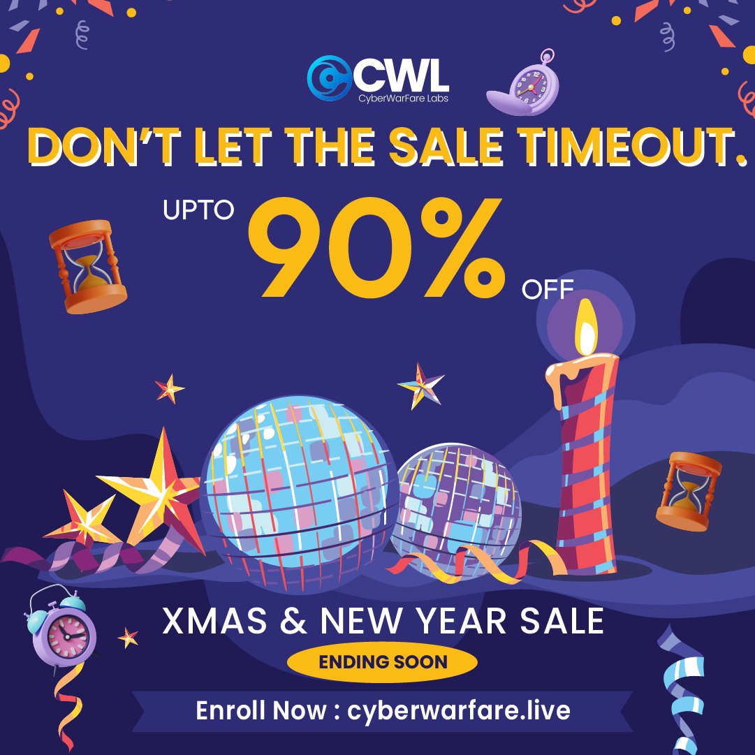 cyberwarfarelab's tweet photo. ⏳ Time is running out!🎄Xmas & New Year Sale is almost over — grab up to 90% OFF on hands-on cybersecurity certifications before it’s gone.
🚀 Enroll now: https://t.co/6okMxoSZtL
#CyberWarfareLabs #CyberSecuritySale #XmasSale #NewYearSale #CyberCertifications #SaleEndingSoon https://t.co/tVTQCfhsrz