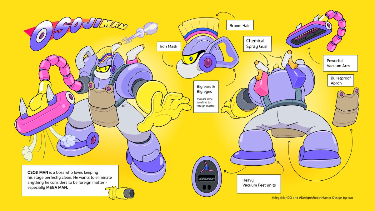 tasphong's tweet photo. Robot Master Design
OSOJIN MAN // OSOJI MAN is a boss who loves keeping
his stage perfectly clean. design by ioat

#MegaManDO and #DesignARobotMaster https://t.co/vFhCLtVRwp