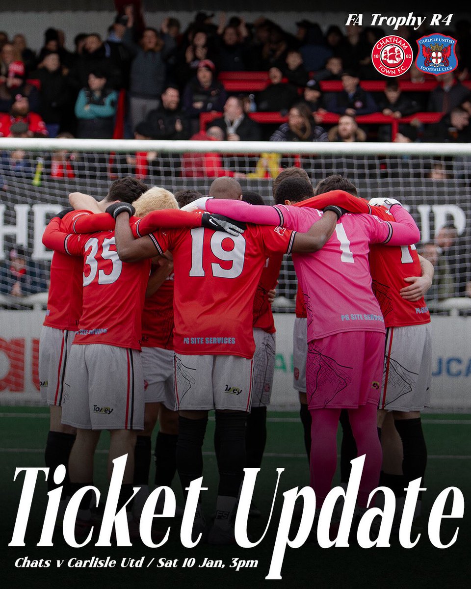 ℹ️ CARLISLE TICKET UPDATE 

Chats supporters will be able to purchase paper tickets for our fourth-round fixture v @OfficialCUFC on Friday 2nd January at the stadium.

Ticket window: 1pm-5pm 
🎟️ £15 Adult / £10 Concession / £5 U16’s 
Note: All U18’s MUST be accompanied by an