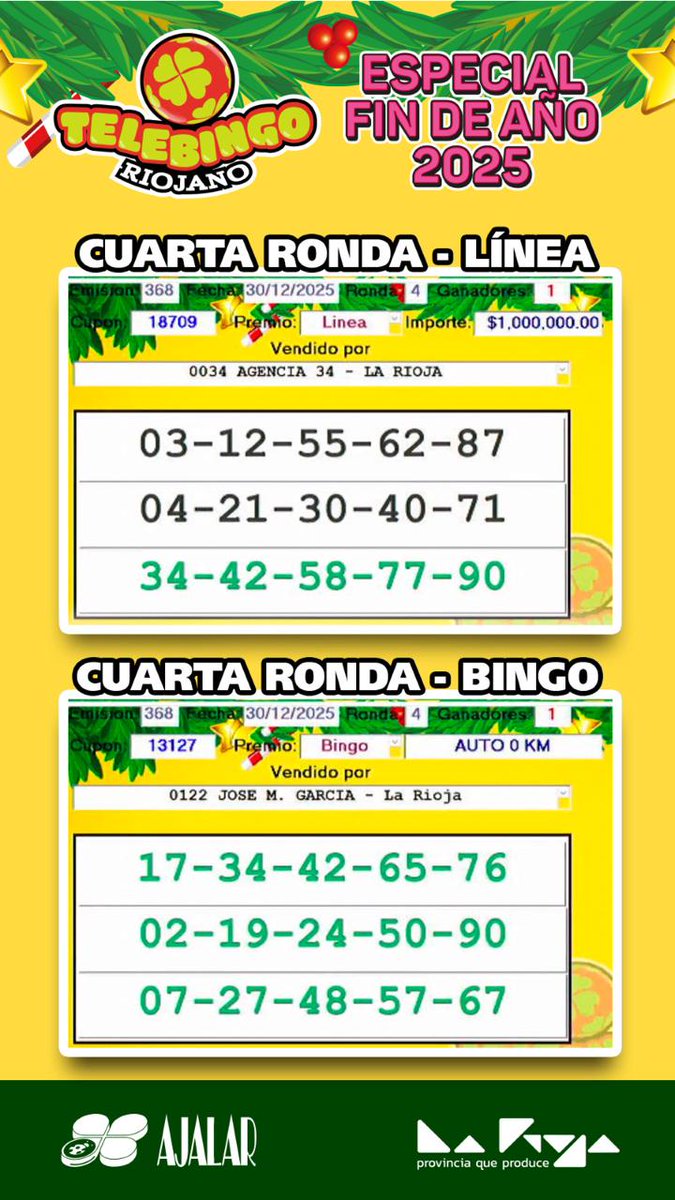 🍀Cartones Ganadores del Especial Millonario de Fin de Año #TelebiengoRiojano de #AJALaR el Juego de las Familias Riojanas🍀😎