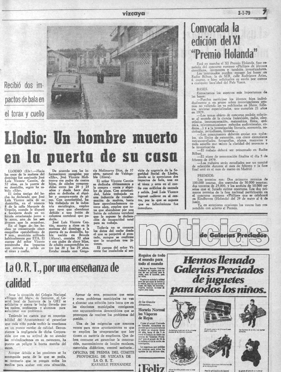 #AsimatabaETAenNochevieja asesinando en 1978 a José Luis Vicente en #Llodio al salir de su casa, su mujer y una hija fueron las primeras en bajar. Era agente inmobiliario.

Culpable: relacionarse con sus vecinos, aunque algunos fueran <a href="/guardiacivil/">Guardia Civil</a>.

También #impune

🧵