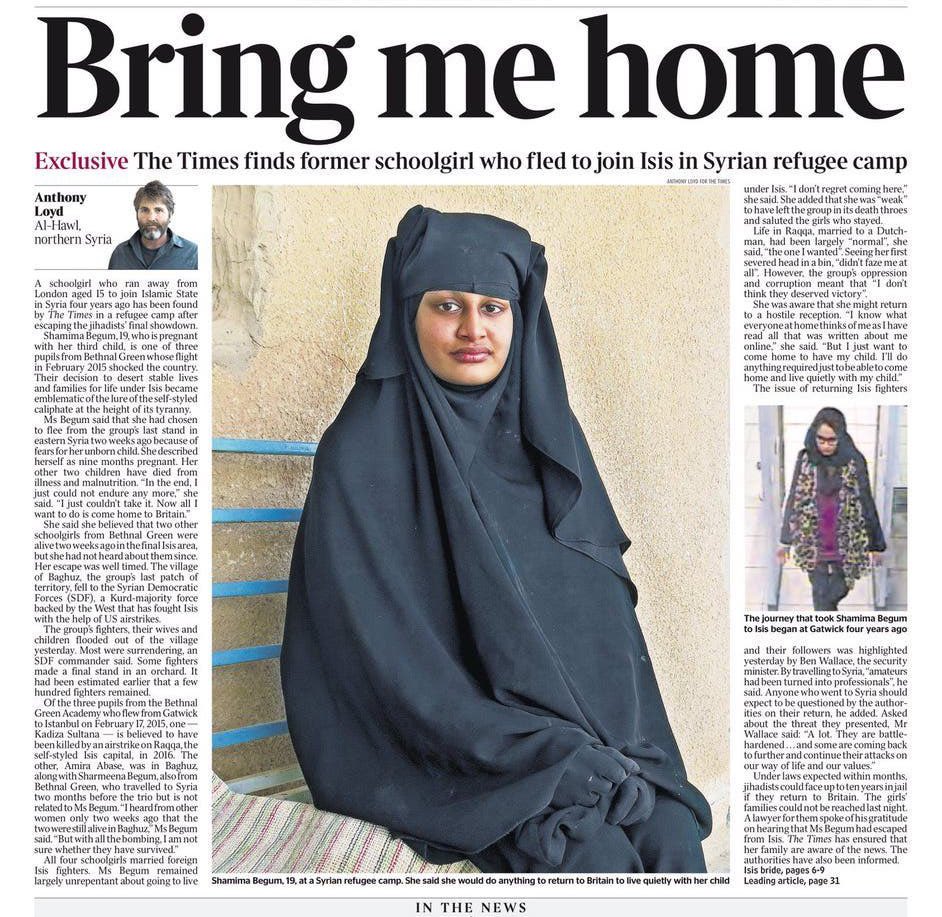 TheBritLad's tweet image. 🚨BREAKING: Border Minister refuses to rule out allowing Shemima Begum to return to UK.

SHAMIMA This is NOT your home.

If you're against bringing Shamima Begum back to the UK raise your hand ✋