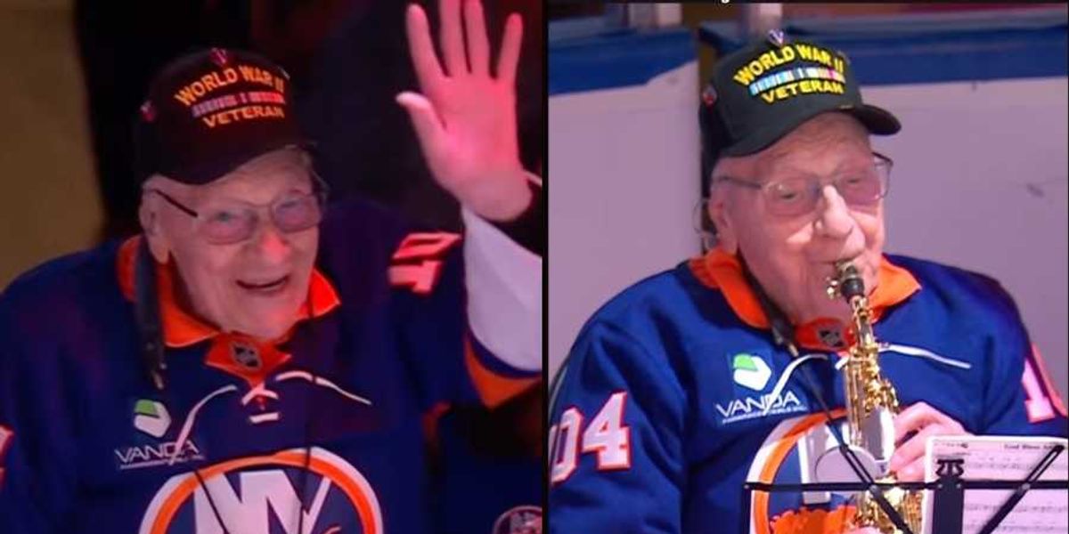 Upworthy's tweet photo. 104-year-old WWII veteran's haunting saxophone 'Star Spangled Banner' rendition stuns stadium crowd: https://t.co/sd9XvbfjhG https://t.co/2EKevVzvY6