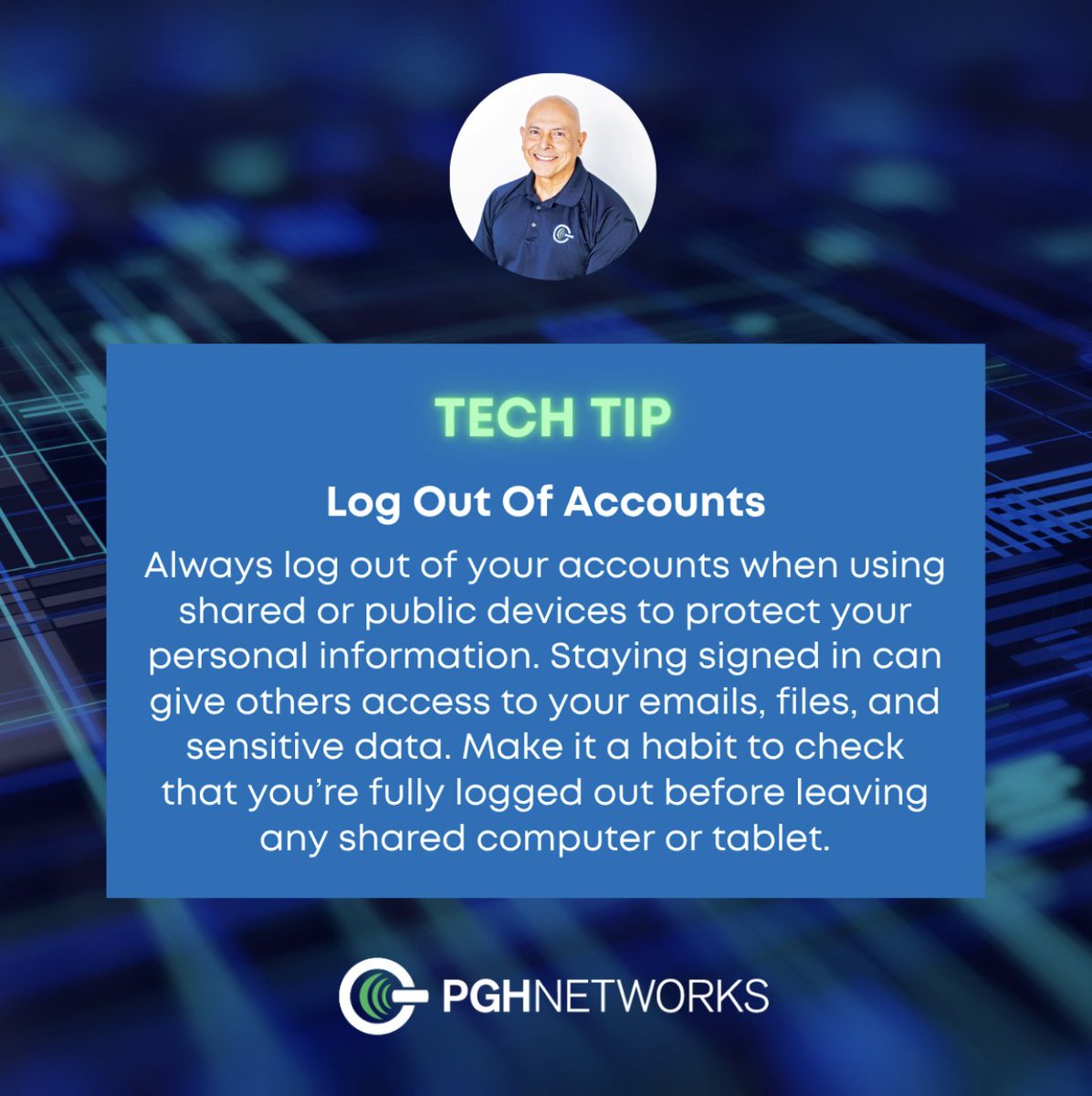 Tech Tip - Log out of accounts on shared devices.

Log out of accounts on shared devices.

#PGHNetworks #TechTip #LogOutOfAccounts