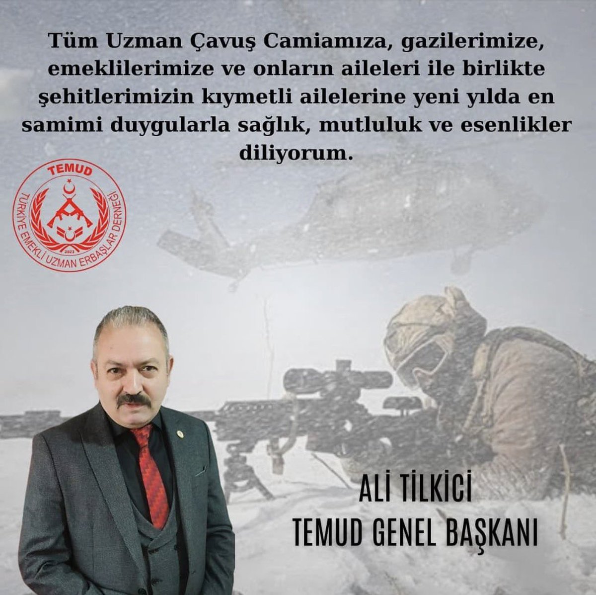 Kahraman Türk Silahlı Kuvvetler Personeline,
Yiğitlerimiz  #UzmanÇavuş Camiamıza ,Şehitlerimizin Kıymetli Ailelerine,Gazilerimize ve Ailelerine,Fedakar,vefakar yiğitlerimiz Emekli #UzmanÇavuş’larımız ve Ailelerine ,Aziz Milletimize yeni yılın en samimi duygularla Sağlık mutluluk