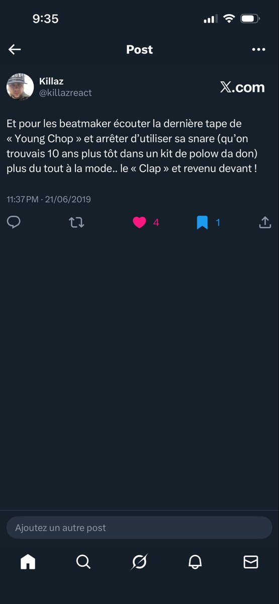 killazreact's tweet image. Essayer de rester concentrer ! En 2019 j’ai poster ce tweet sur cet snare que vous utiliser tous encore ici.. « Chop » avait liker sans même que je le cite.. sachez une chose.. il n’y a pas plus vorace que la véracité d’un propos vérifier et certifié 😉