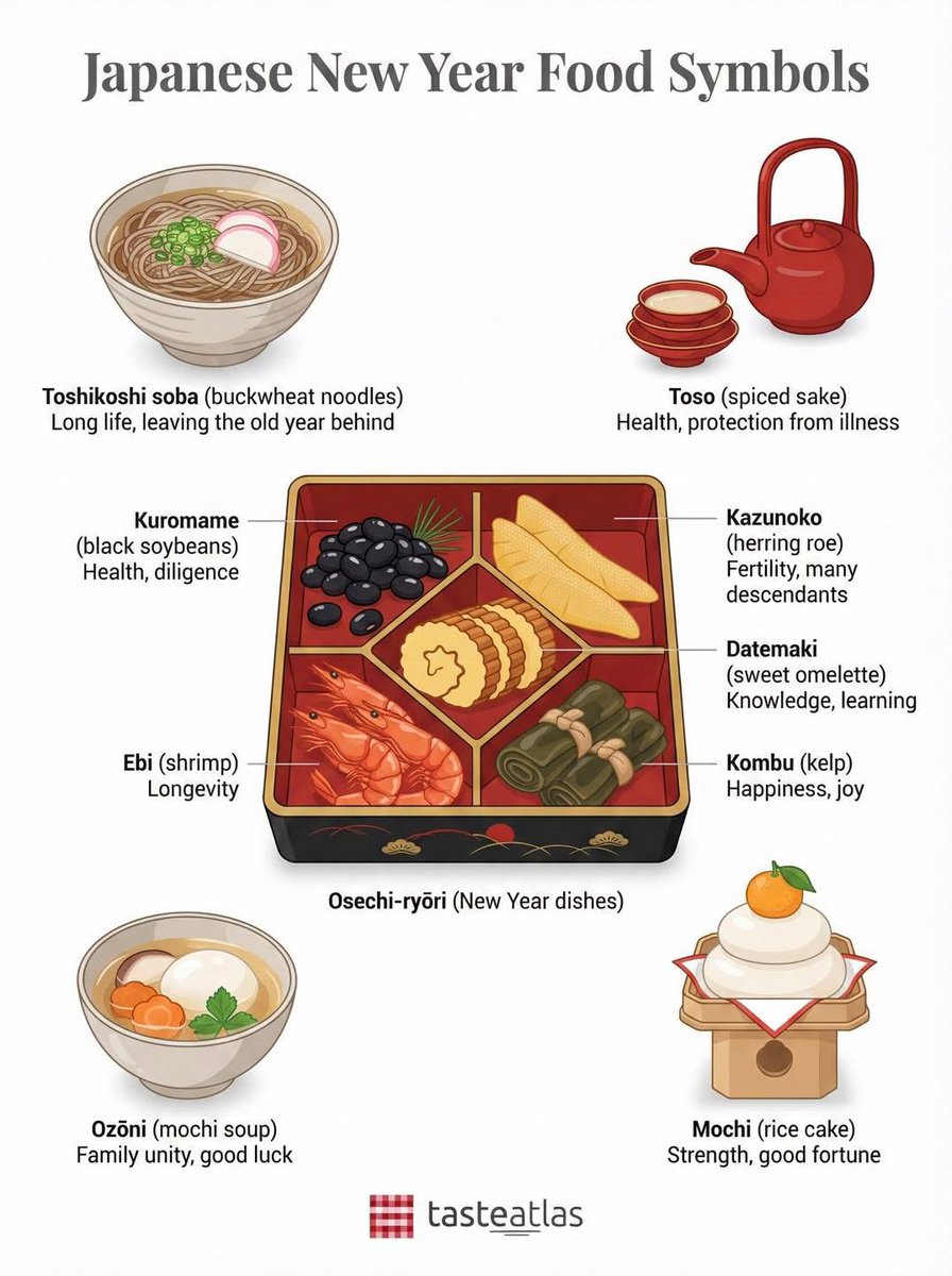 TasteAtlas's tweet photo. New Year in Japan is marked by symbolic dishes like toshikoshi soba, osechi-ryōri, ozōni, and mochi, each carrying wishes for health, luck, longevity, and happiness in the year ahead. https://t.co/h2perXuRyk