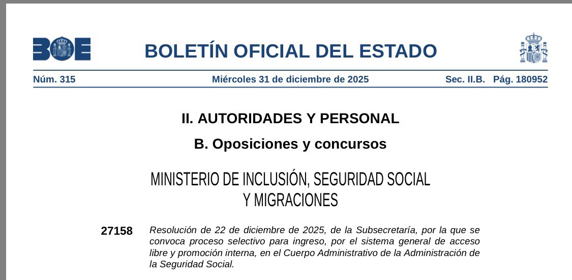 ‼️Convocatoria publicada en el BOE: Cuerpo Administrativo de la Administración de la Seguridad Social ‼️lnkd.in/evRraQ9j