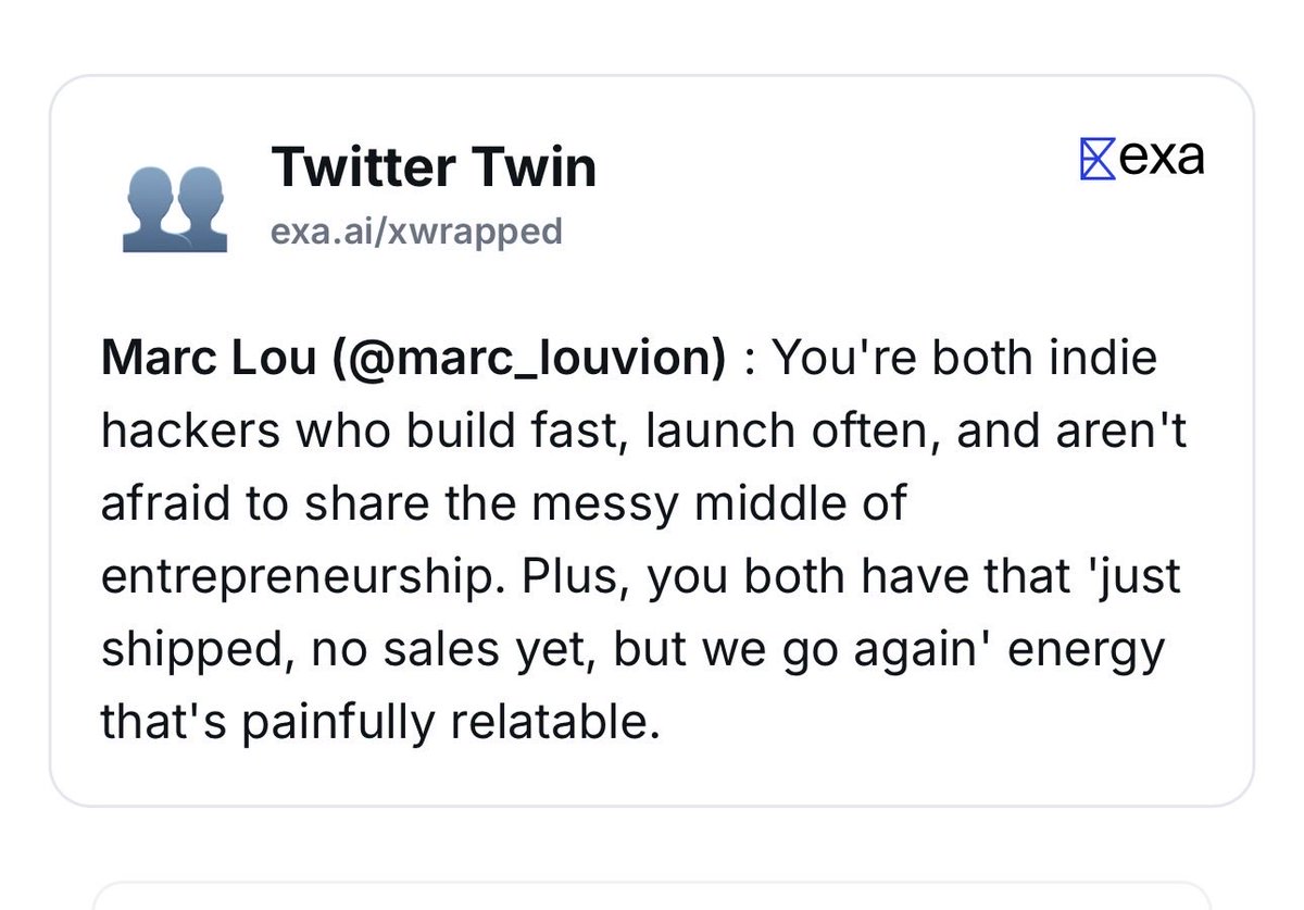 Ouch!! <a href="/ExaAILabs/">Exa</a> 🥹
Looking at the bright side, I "matched" with <a href="/marclou/">Marc Lou</a>