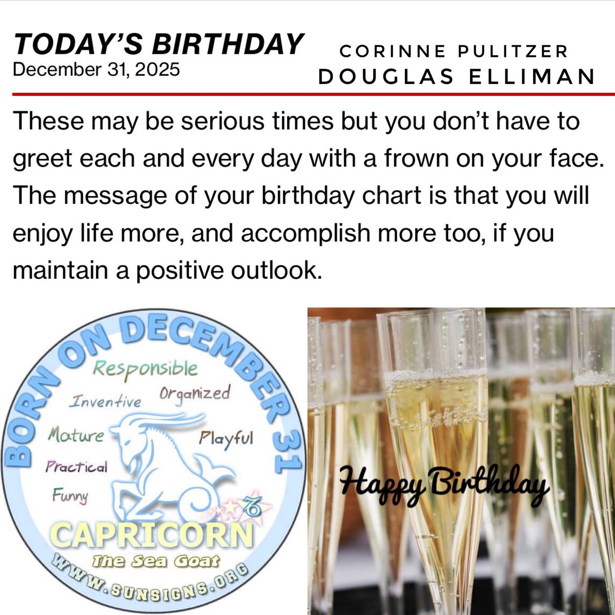 CorinnePulitzer's tweet photo. For everyone celebrating a #Birthday today, #December31st check out your Horoscope & enjoy your special day! #Capricorn ♑️🐐🏹🎉🎈🎂🎊🎁🥂🍾🎅🎄👏🏻👏🏻👏🏻👏🏻👏🏻#happybirthday #Horoscope #happybirthdaytoyou
#HappyNewYear2026 @DouglasElliman https://t.co/eK9HLxcRo9