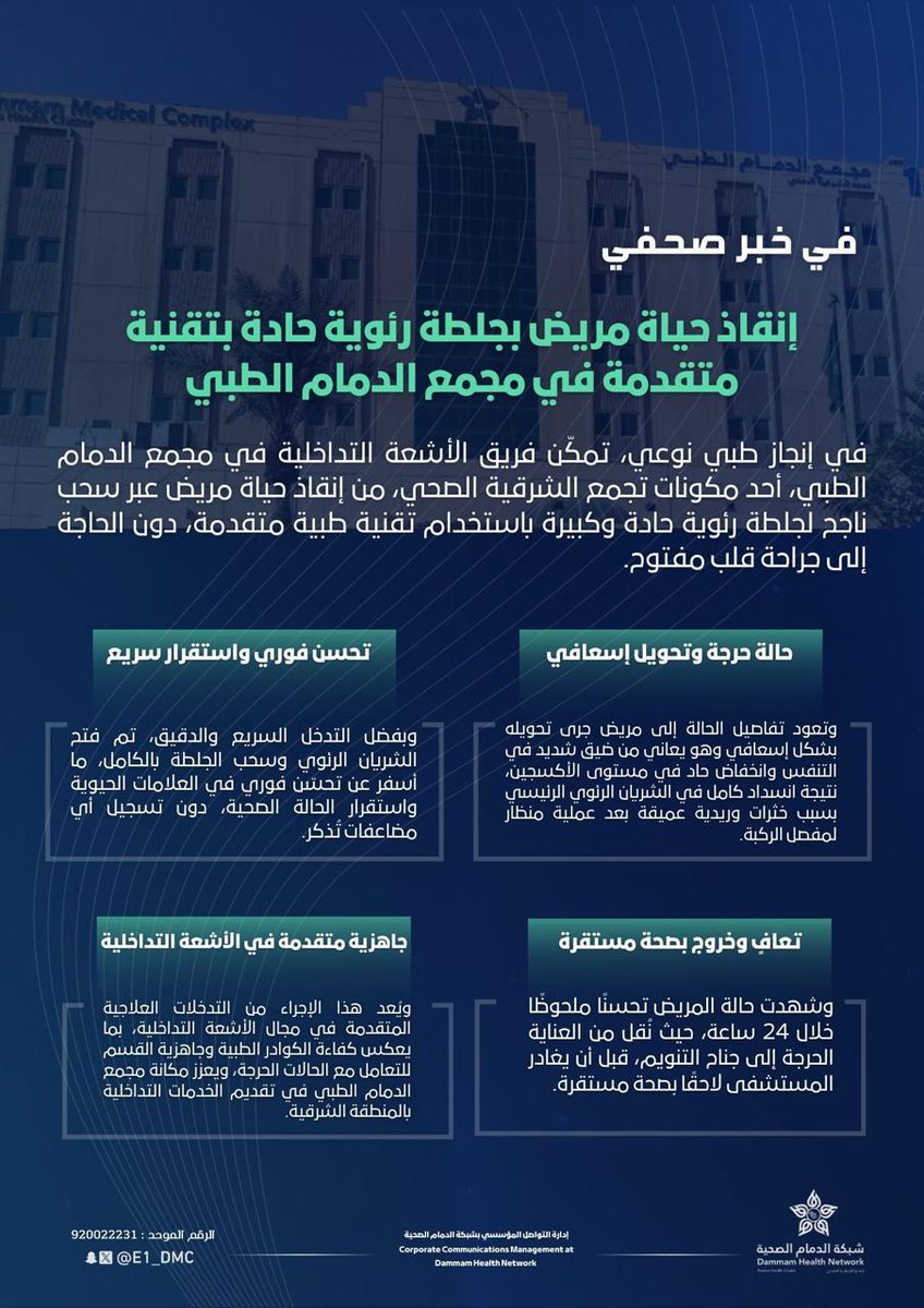 E1_DMC's tweet photo. 🖋️| #خبر 
نجح مجمع الدمام الطبي في إنقاذ حياة مريض كان يعاني من جلطة رئوية حادة، عبر تدخل طبي متقدم ودقيق، دون الحاجة إلى إجراء جراحة قلب مفتوح، في خطوة تعكس تطور الخدمات التخصصية وكفاءة الكوادر الطبية.

وللمزيد ⬇️
 https://t.co/2RoEMZy9ds
#شبكة_الدمام_الصحية
#تجمع_الشرقية_الصحي https://t.co/qRV8laVVHb