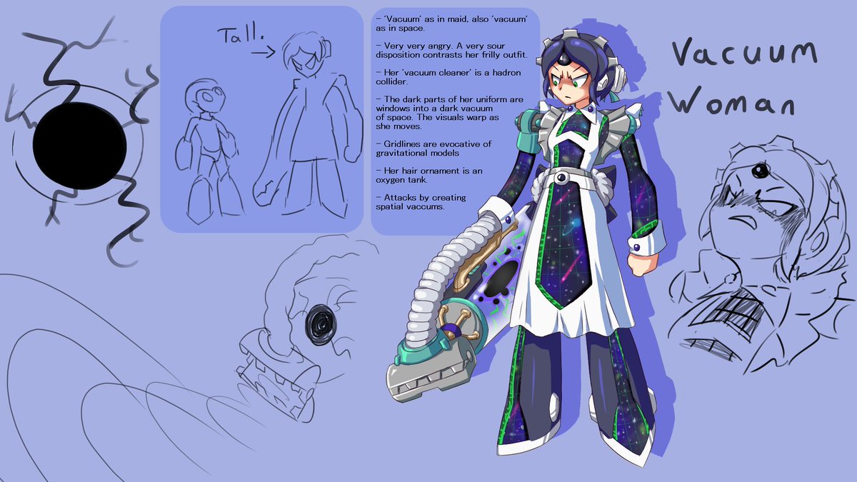 Innegativeion's tweet image. Robot Master Design:
'Vacuum Woman'
by Ilyse J Travis

I was wracking my brain to try and do something extra clever with it, but ultimately I decided not to overthink it, and went with something with a clear connection to the 'suction arm' theme.

#MegaManDO #DesignARobotMaster
