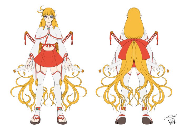 藤森よしひこ()さんから、藤森さんの創作キャラ「テンペスト」さんの新コスチュームデザイン依頼をいただきました。 「ソシャゲっぽいノリのある巫女風衣装」というお題を頂いたのでそんなイメージを頑張ってみました。