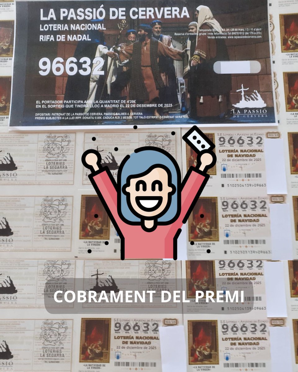 passiodecervera's tweet image. 🎉 Les participacions de La Passió de Cervera (96632) han estat premiades 
👉 25,20 € per participació

Cobrament del premi
📍A partir del 7 de gener Administració de Loteria La Segarra
🆕Opció voluntària: bescanvi per 2 entrades temporada 2026 (trucant al 608781012 de 17 a 21h)