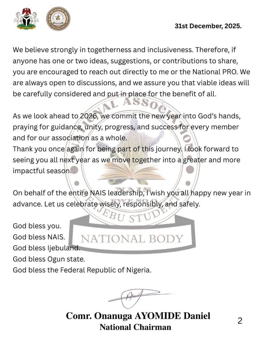 As the year comes to an end, we appreciate every NAIS member for the commitment, unity, and support throughout 2025.
Thank you for being part of our journey.
2026 will be greater. Together we move forward.

God bless NAIS.
#NAIS #EndOfYear #Togetherness #ForwardEver