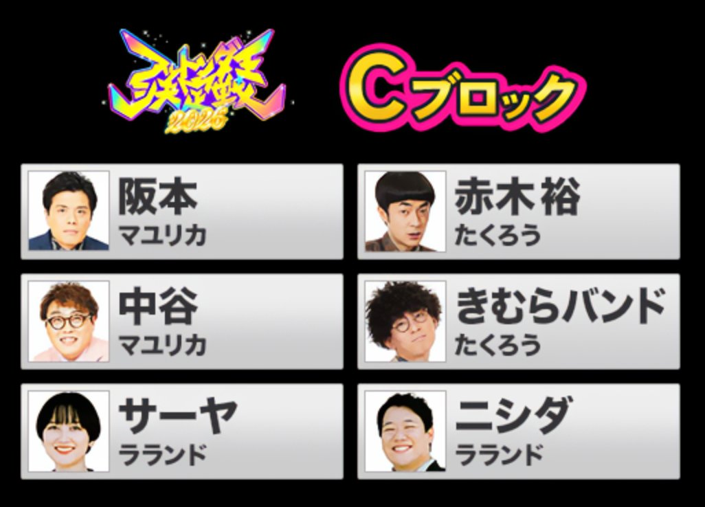 #フットンダ 王決定戦2026
🎍1月1日午前1時59分～　4時間生放送🎍

ブロック分けを先行公開‼️
続いてはCブロック👊

⚔️Cブロック出場者⚔
赤木裕(たくろう)
きむらバンド(たくろう)
サーヤ(ラランド)
阪本(マユリカ)
中谷(マユリカ)
ニシダ(ラランド)