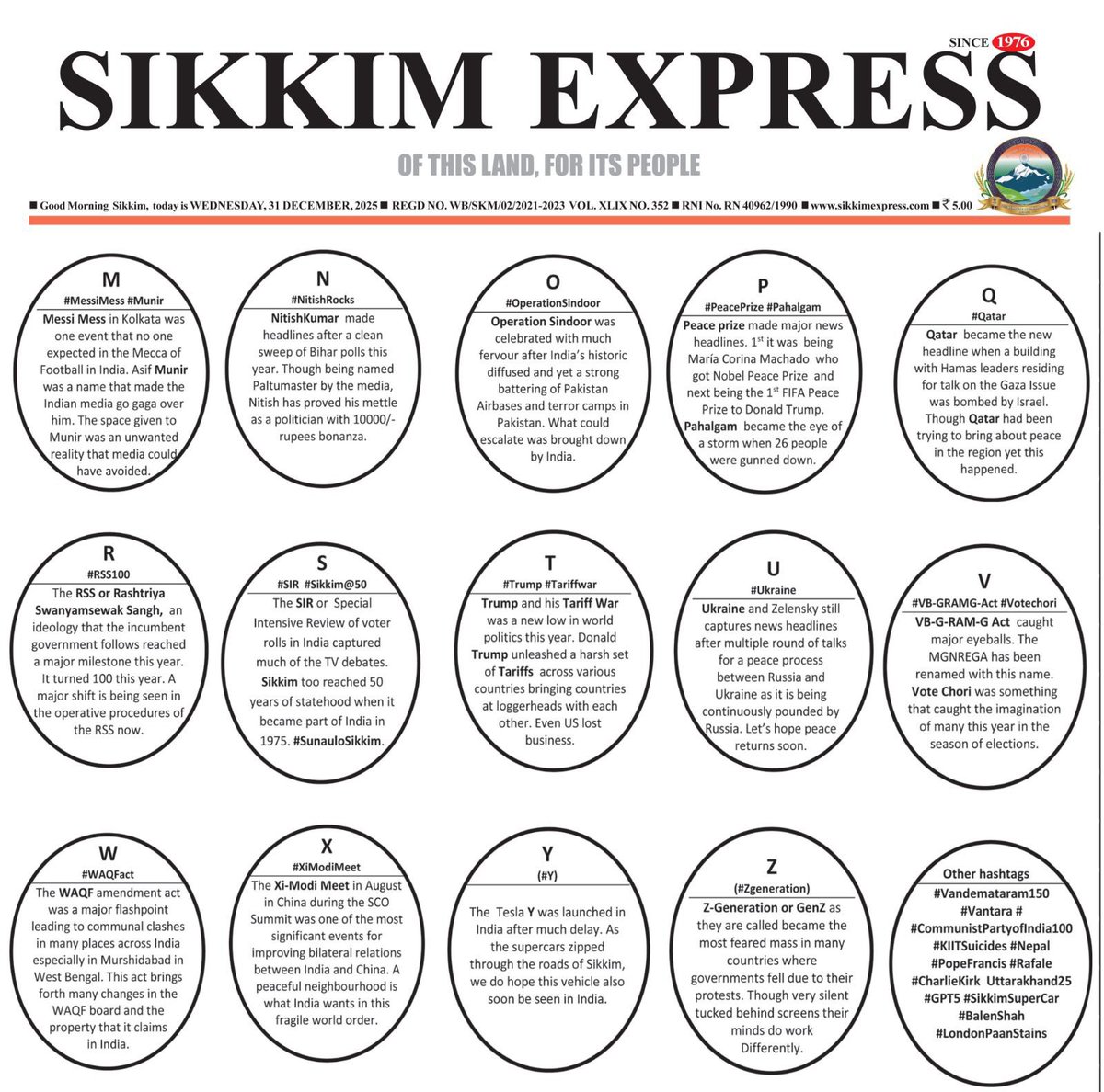 SikkimExpress's tweet image. #sikkimexpress #hashtags

A…B…C…D…of 2025…Year in Hashtags 

Conceptualized and complied by: 
Dr.Satyadeep S Chettri
satyazworld@gmail.com