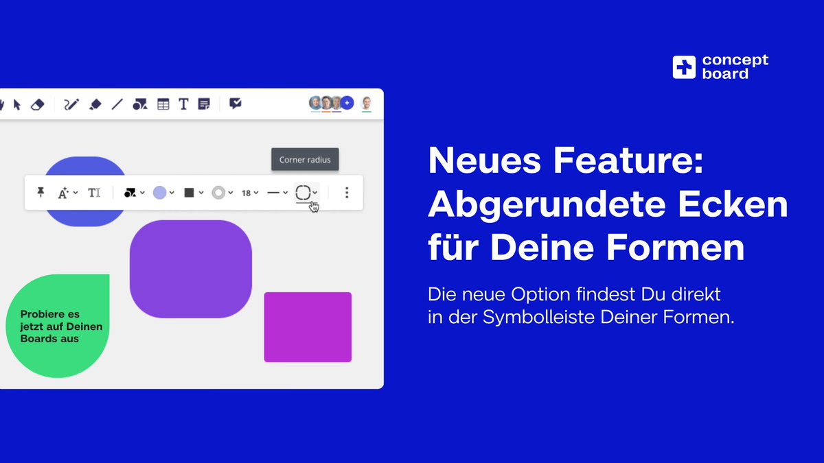 ConceptboardApp's tweet image. In Conceptboard kannst Du Ecken ab sofort abrunden, für weichere, modernere Designs. Die neue Option findest Du in der Symbolleiste Deiner Formen. 🎨