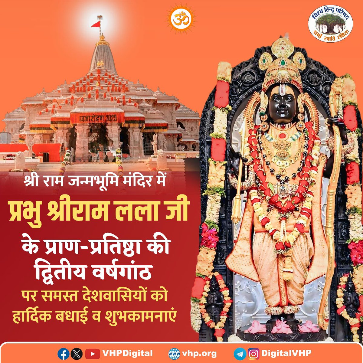 आज की ही शुभ तिथि पर दो वर्ष पूर्व 500 वर्षों की प्रतीक्षा समाप्त हुई और अयोध्या धाम में श्री राम जन्मभूमि मंदिर में रामलला की प्राण-प्रतिष्ठा की।
प्राण-प्रतिष्ठा की दूसरी वर्षगाँठ की सभी को हार्दिक शुभकामनाएँ व सभी बलिदानियों को नमन 🙏 जिनके त्याग से यह संभव हुआ । 

#RamMandir
