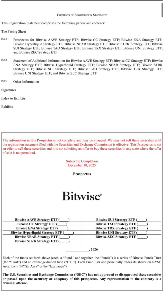 🚨정보🚨비트와이즈 $Bitwise 11개 알트코인 ETF 명단 🙌💎 $AAVE, $CC, $ENA, $HYPE, $NEAR,  $STRK, $SUI, $TAO, $TRX, $UNI, $ZEC.
