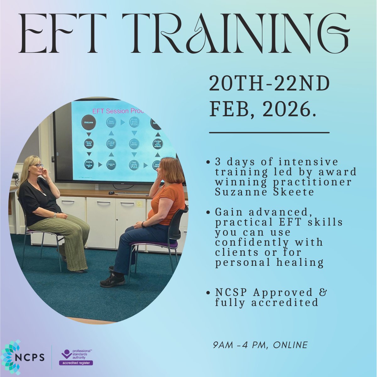 Start the year by investing in new skills that truly make a difference✨ Our EFT Advanced Practitioner Training gives you the tools, confidence, and accreditation to support emotional wellbeing 🌿 loom.ly/9CWXLYU

#eft #tapping #counselling #eftpractitoner #traumahealing