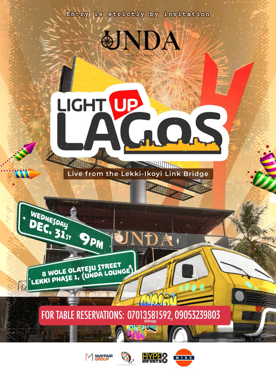 Lagos, we close the year in style. ✨
A night of fireworks and unforgettable moments awaits you. 

Come in, chic, elevated vibes, as we welcome the New Year the Lagos way. 🥂

📅 December 31
📍 UNDA

#LightUpLagos #NewYearsEveLagos #Unda #DettyDecember