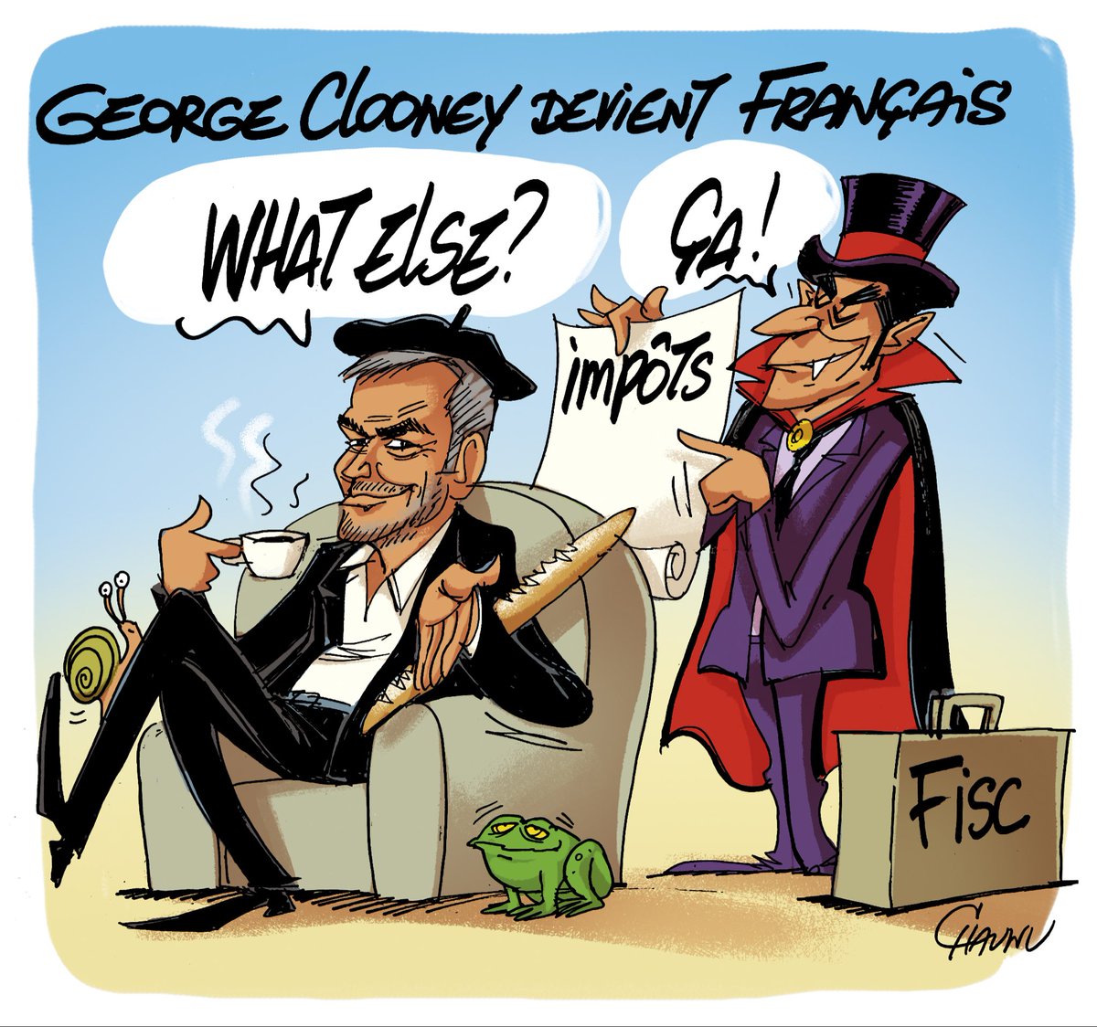 EmmanuelChaunu's tweet photo. ✏️ dessin du jour pour @_lunion George Clooney, sa femme et leurs enfants obtiennent la nationalité française #clooney #actu #whatelse https://t.co/Y95U9i23OQ