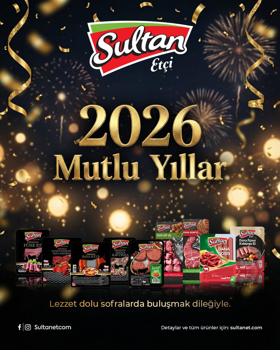 sultanetcom's tweet image. Yeni yılda sağlıkla, mutlulukla ve sevdiklerimizle aynı sofralarda buluşmak dileğiyle…
Lezzetin paylaşıldıkça çoğaldığı, bereketin sofralardan eksik olmadığı bir yıl olsun.
Sultan Etçi ailesi olarak 2026’nın tüm evlere huzur ve keyif getirmesini diliyoruz.
Mutlu yıllar.
