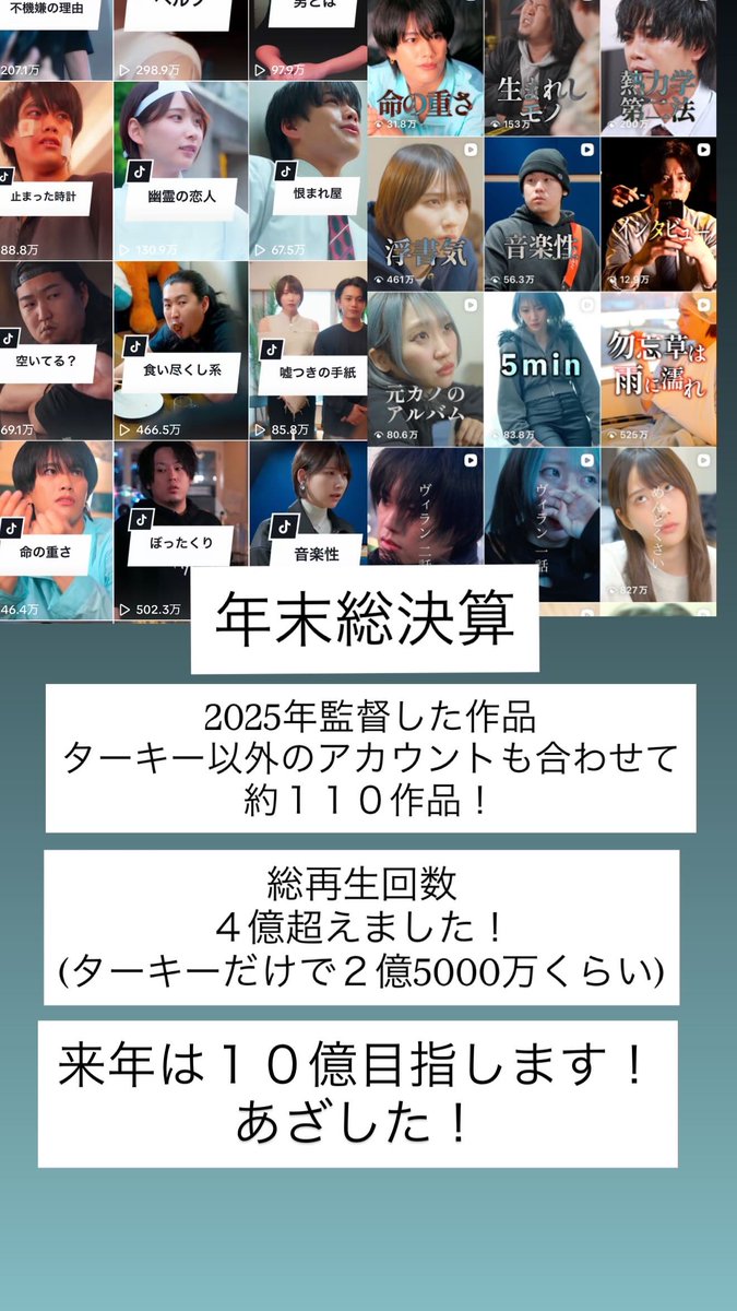 【年末ご挨拶】

2025年はショートドラマを
沢山撮らせていただきました！

監督作品１１０本
総再生回数は４億超えました！
ターキーレックはもちろん
ごっこ倶楽部さん作品や
ときめき図鑑さん
テレ朝恋するゴぶんのイチetc

関わってくれた全ての関係者
役者さん、制作、技術、、