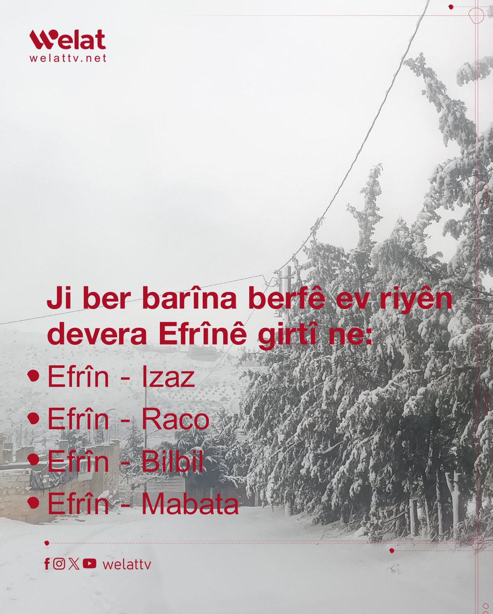 WelattvKu's tweet image. Ji ber barîna berfê ev riyên devera Efrînê girtî ne:
📌 Efrîn - Izaz
📌Efrîn - Raco
📌Efrîn - Bilbil
📌Efrîn - Mabata
#Berf
#Efrîn
#Kurdistan
#WelatTV