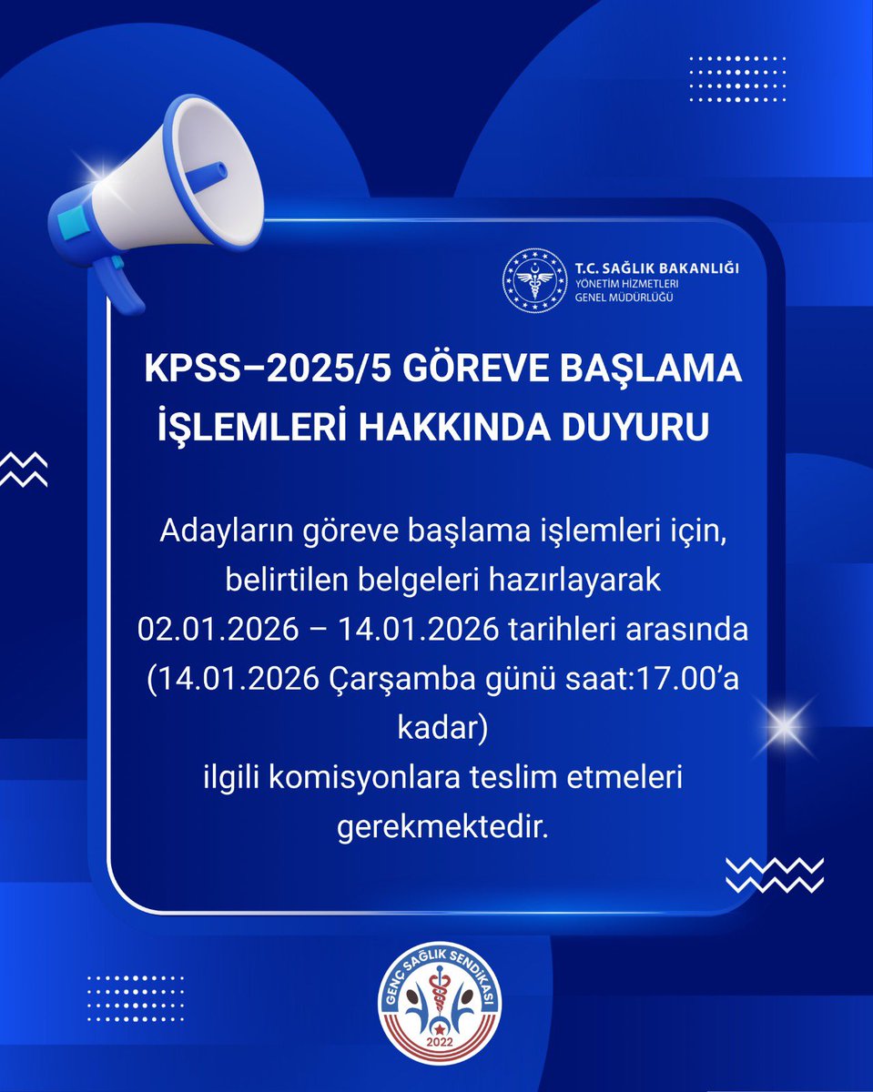 KPSS–2025/5 Göreve Başlama İşlemleri Hakkında Duyuru  📢

Adayların göreve başlama işlemleri için, belirtilen belgeleri hazırlayarak
02.01.2026 – 14.01.2026 tarihleri arasında (14.01.2026 Çarşamba günü saat:17.00’a kadar)
ilgili komisyonlara teslim etmeleri gerekmektedir.