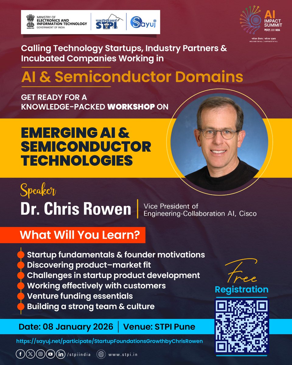 stpiindia's tweet photo. If you're a tech innovator, industry partner or incubated company in the AI and semiconductor domains, this insightful workshop is for you! 💡
🎤 Tune in as esteemed speaker Dr. Chris Rowen, Vice President of Engineering, Collaboration AI, Cisco, leads the session on "Emerging AI & Semiconductor Technologies".

What you will get to learn:
🔸 Fundamentals of building a startup & founder motivations 
🔸 How to identify and achieve product–market fit
🔸 Tackling challenges in product development
🔸 Strategies for working effectively with customers
🔸 Essentials of venture funding
🔸 Building strong teams and nurturing culture

📌 Registration: Free
🗓️ When: 8th January, 2026 (2:30-6:30 PM) 
📍 Where: Auditorium, STPI Pune

🔗 To register or know more, check out: https://t.co/TAgYt1PPXO 

#Workshop #Semiconductor #AI #AIWorkshop #IndiaAIImpactSummit2026 #Funding #Startups #Innovation #DigitalIndia #Tech #STPIINDIA 

@GoI_MeitY @AshwiniVaishnaw @JitinPrasada @SecretaryMEITY @arvindtw @_DigitalIndia @NeGD_GoI