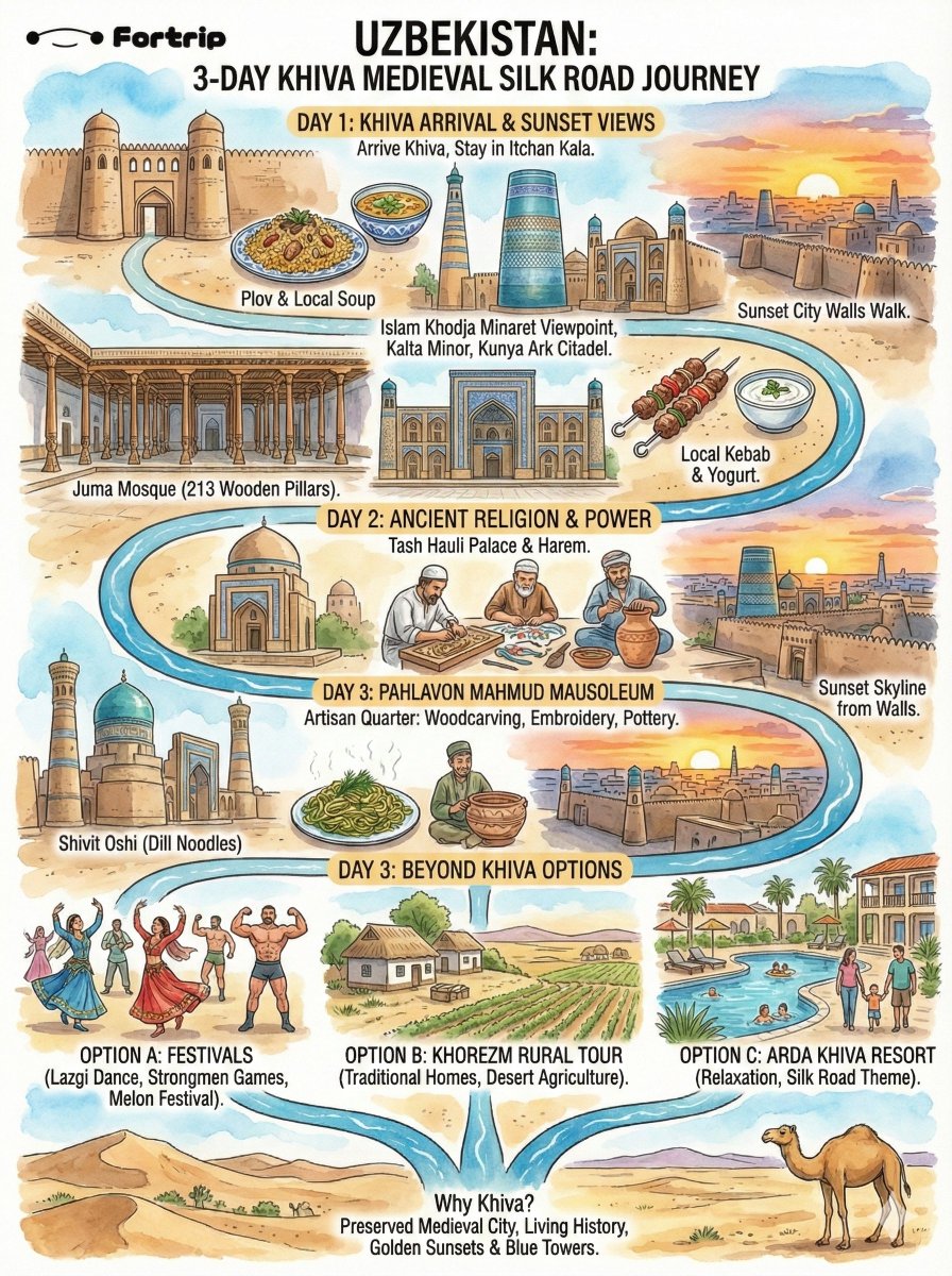 fortripai's tweet photo. 🇺🇿 Khiva: A 3-Day Journey Through the Medieval Silk Road

Experience the living soul of Uzbekistan. Khiva is a breathtaking open-air museum where the ancient Silk Road still breathes within its massive mud-brick walls. 🕌

Day 1 | First Sight: The Blue Minarets
Morning: Arrive in Khiva and check into a traditional guesthouse inside Itchan Kala (the inner fortress).
🍴 Lunch: Start with a traditional Plov (Uzbek rice pilaf) to fuel up.

Afternoon: Climb the Islam Khodja Minaret for a 360-degree view ➡️ Visit the iconic turquoise Kalta Minor ➡️ Explore Kunya Ark, the ancient citadel of the Khans.

✨ Highlight: Walk the city walls at sunset. Watch the blue tiles transform into liquid gold under the desert sun.

🍴 Dinner: Try Shivit Oshi (Green dill noodles)—Khiva’s unique culinary signature.

Day 2 | Religion, Royalty & Craftsmanship

Morning: Visit Juma Mosque (213 unique hand-carved wooden pillars) ➡️ Explore Tash Hauli Palace (stunning blue tile work in the Harem and reception halls).
🍴 Lunch: Grab fresh kebabs and traditional yogurt at a local tavern in the old town.
Afternoon: Visit the Pahlavon Mahmud Mausoleum (honoring a legendary poet and wrestler) ➡️ Wander the Artisan Streets to see woodcarving and embroidery masters at work.

✨ Highlight: Catch the minaret skyline at twilight from the western walls—one of the most cinematic views in Central Asia.

Day 3 | Beyond the Fortress Walls

Option A: Festival Magic (Recommended): If visiting in August, don't miss the Melon Festival (Qovun Sayli) or the Lazgi Dance Festival.

Option B: Khorezm Rural Life: Take a short trip to a traditional village courtyard to experience the agricultural life of the Khorezm oasis.
Option C: Arda Khiva Resort: Relax at the brand-new Silk Road-themed resort (2026 features include an aqua park and a canal with gondolas!).
🎒 Why Khiva deserves 3 full days?

Living History: It is one of the most complete medieval cities in the world, and it is still inhabited.

Photography: The contrast between the sand-colored earth and vibrant blue tiles is a dream for creators.

The Atmosphere: Unlike more modern cities, Khiva allows you to truly "disappear" into the 14th century.
#Khiva #Uzbekistan #SilkRoad #ItchanKala #TravelItinerary #CentralAsia #HiddenGems #Wanderlust #HistoryTravel #BucketList #ExploreUzbekistan #fortripai