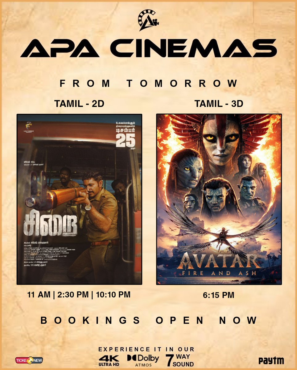 APA_Cinemas_KKD's tweet photo. #Sirai & #AvatarFireAndAsh from tomorrow at your #APACinemas #4K #Atmos #7way https://t.co/FPnpaeiCsP