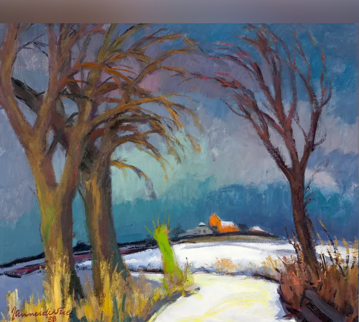 Jannes de Vries. Winterlandschap Oostum. 1938, olieverf op doek, 50 x 60 cm, coll. ⁦<a href="/groningermuseum/">Groninger Museum</a>⁩