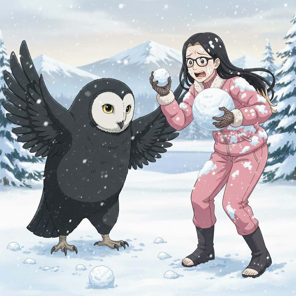 Wise owl has waifu

We playing snowball.