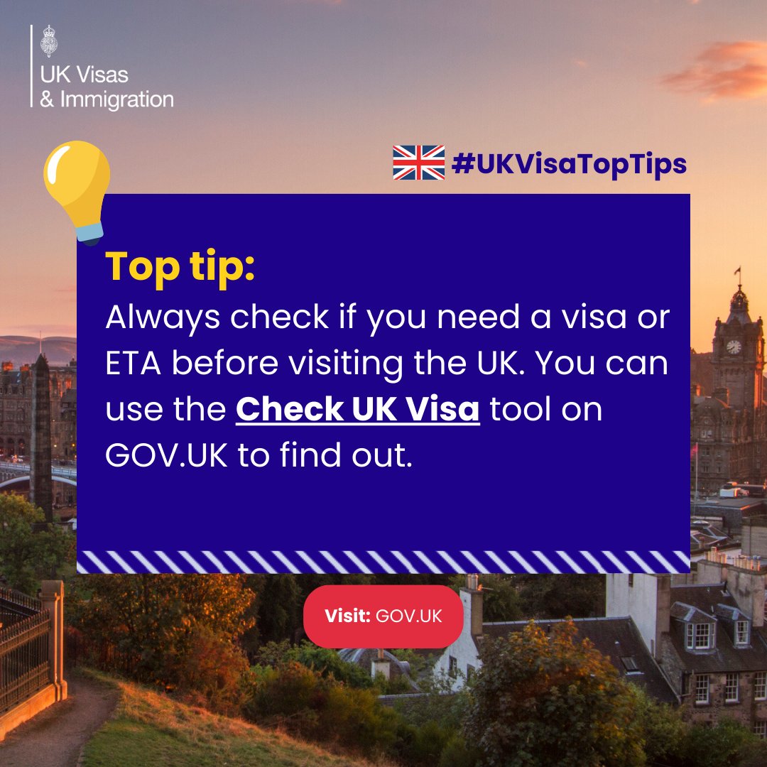 UKVIgovuk's tweet image. 🔍 Top Tip Tuesday: Check before you travel

Always check if you need a visa or ETA before visiting the UK. Use the Check UK Visa tool on GOV.UK.

🔗 Use the tool here: gov.uk/check-uk-visa?…

#UKVisa #UKVisaTopTips