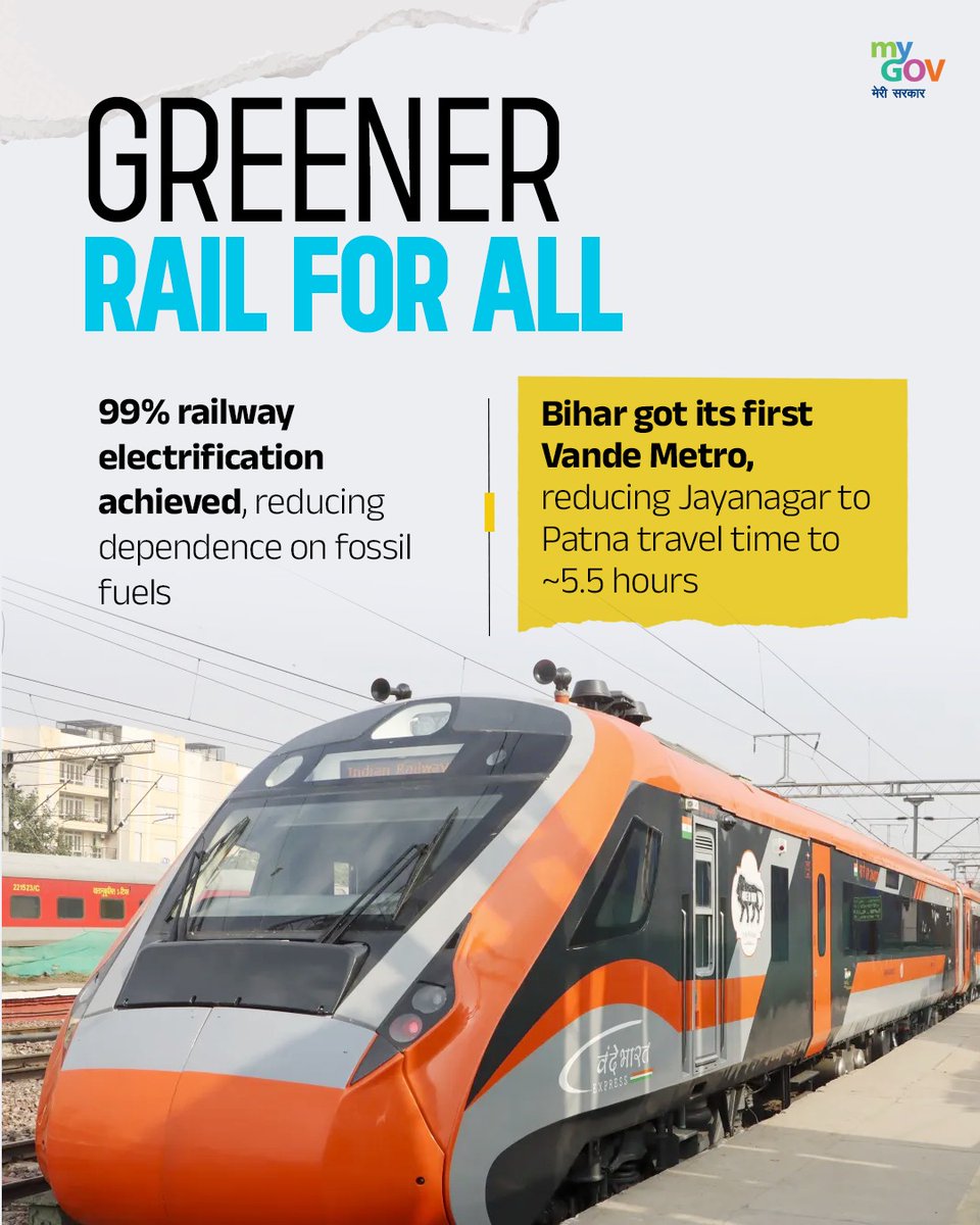 ChownaMeinBJP's tweet image. Greener Railways: A Cleaner Future!

India moved towards cleaner mobility as railway electrification reduced dependence on fossil fuels, while faster and modern train services improved travel efficiency and comfort for passengers across regions.

#NewIndia 
#InfrastructureGrowth