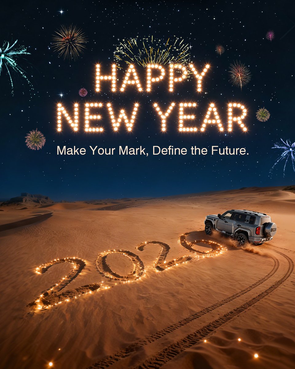 BYD_AsiaPacific's tweet photo. Where the desert sands meet the starlight, we write the future. Every track we leave today paves the path for 2026. Wishing you a year of boundless discovery.
#BYD #BYDAPAC #happynewyear https://t.co/Dt9s4058Gx