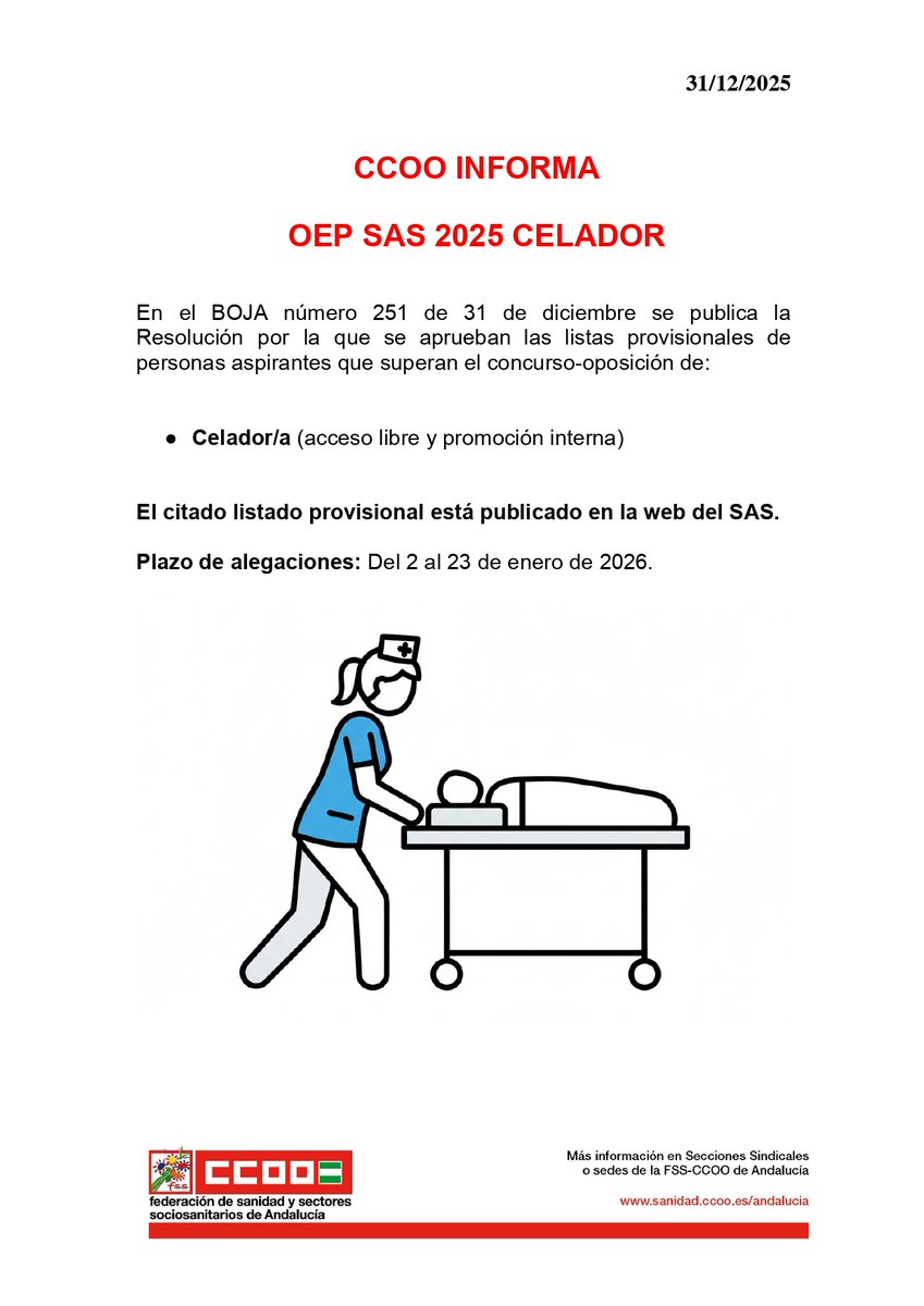 📌 CCOO Informa - OEP SAS

📑 Publicados listados provisionales de aspirantes que superan el concurso-oposición de la categoría:

➡ Celador/a

🗓 Se abre plazo de alegaciones

💻 Accede al listado en nuestra web

#CCOOTuSolución

sanidad.ccoo.es/andalucia/noti…