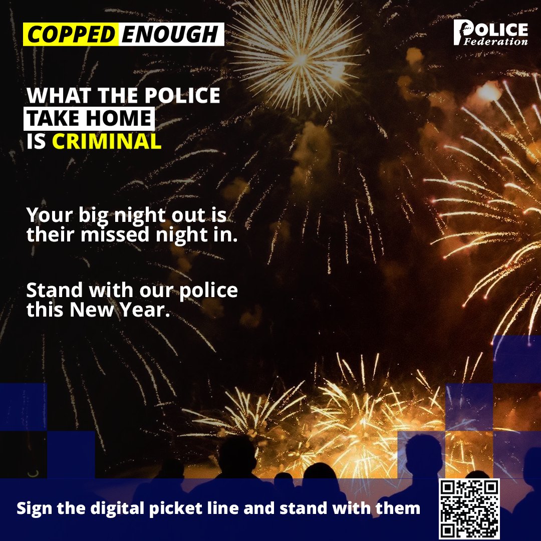 Tonight, they will be fully geared and vigilant while loved ones are home, so you can safely celebrate.

Happy 2026 to you all – our police officers are on duty. 

Stand with them this New Year.

Sign the digital picket line 👇
polfed.org/campaigns/copp…
#CoppedEnough
